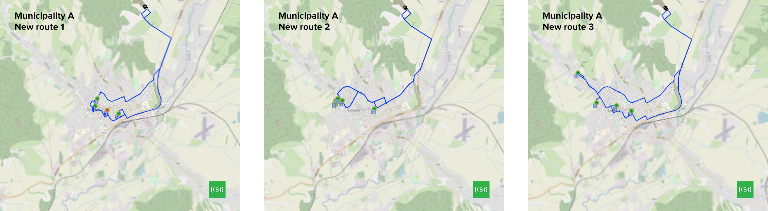 Three maps of the municipality where different collection routes are highlighted in blue. 