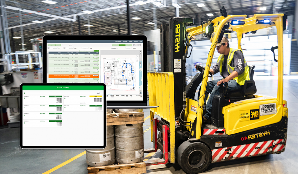 A worker driving forklift truck in a factory and mockups of Sensoneo software system platform for factories.
