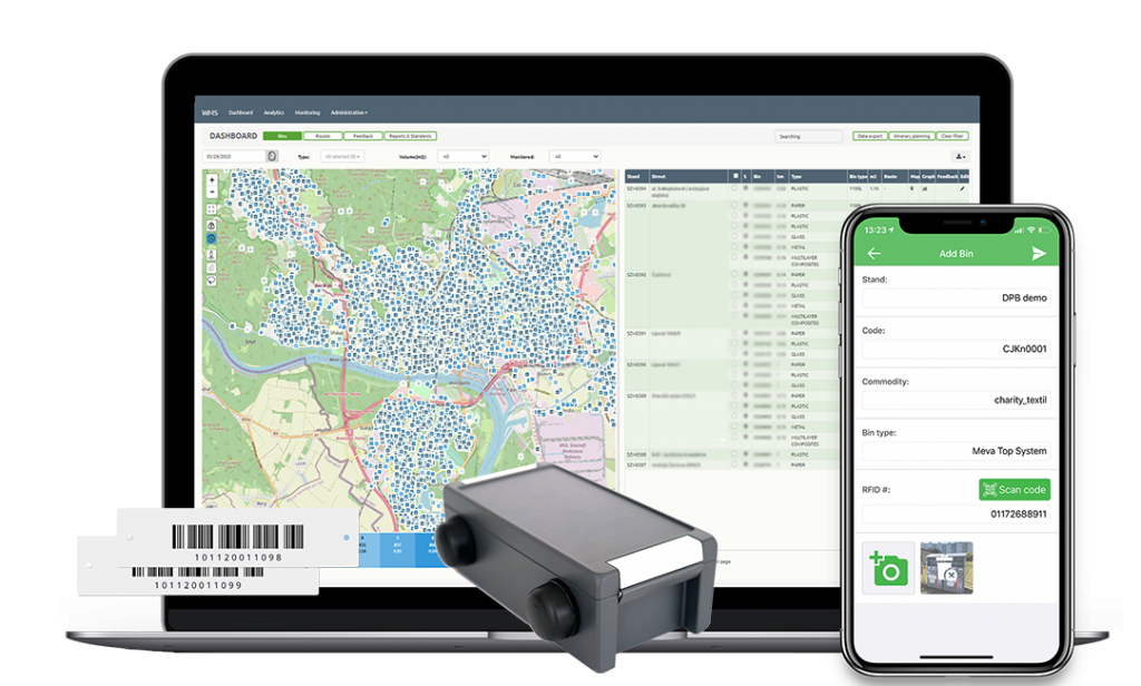 Smart Bin Tags, mockup of Sensoneo software system, Citizen App and Watchdog device. 