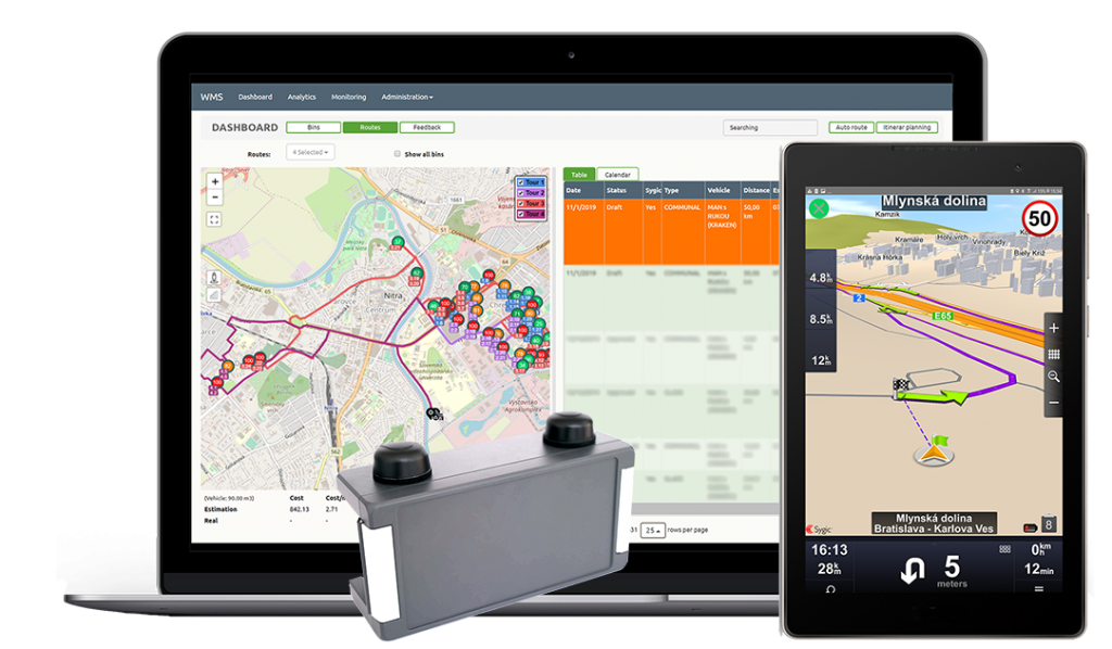Mockup of Sensoneo software system platform, Driver navigation app and Watchdog device. 