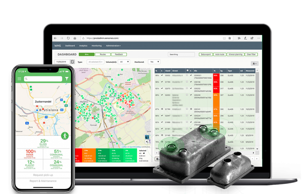 Mockups of Sensoneo software system platform, Citizen app and samples of ultrasonic bin sensors. 